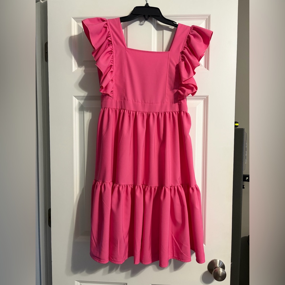 SHEIN Hot Pink Ruffle Strap Tiered Dress for Girls
